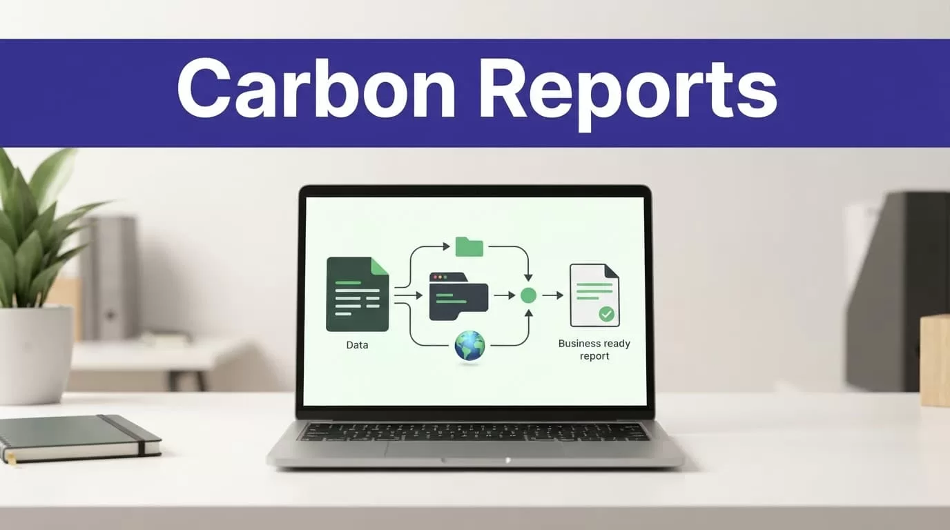 Laptop beside connected emissions shapes and a globe under a Carbon Reports banner.