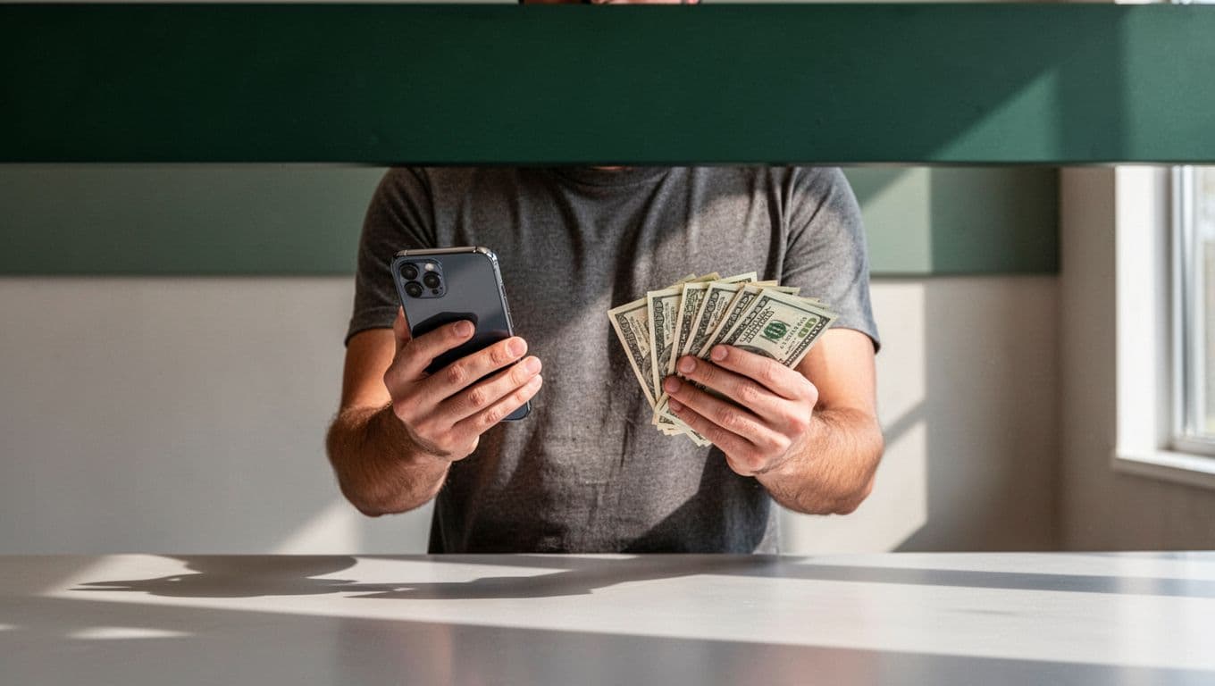 Cash notes and a mobile phone shown as two delivery choices.