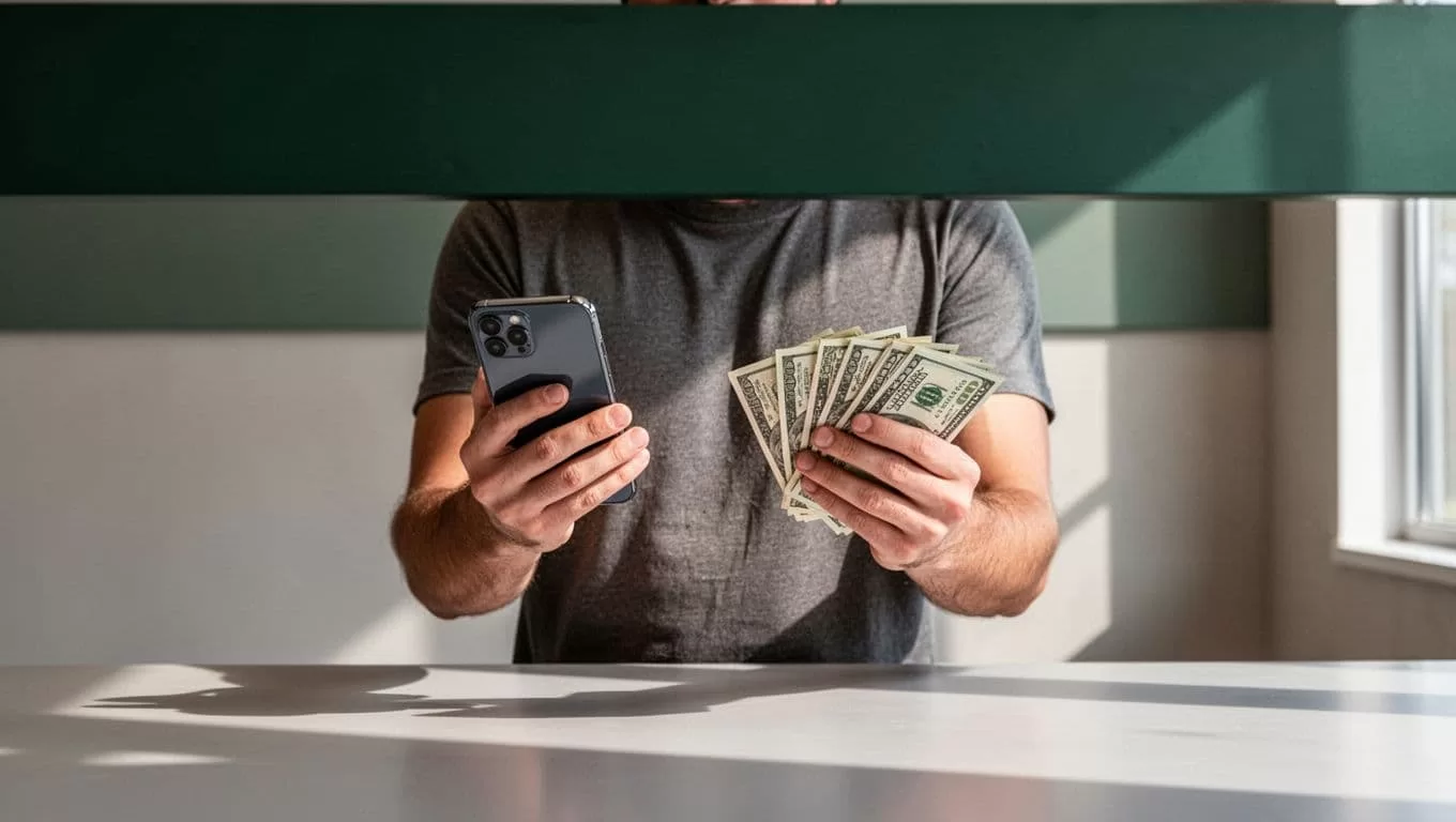 Cash notes and a mobile phone shown as two delivery choices.