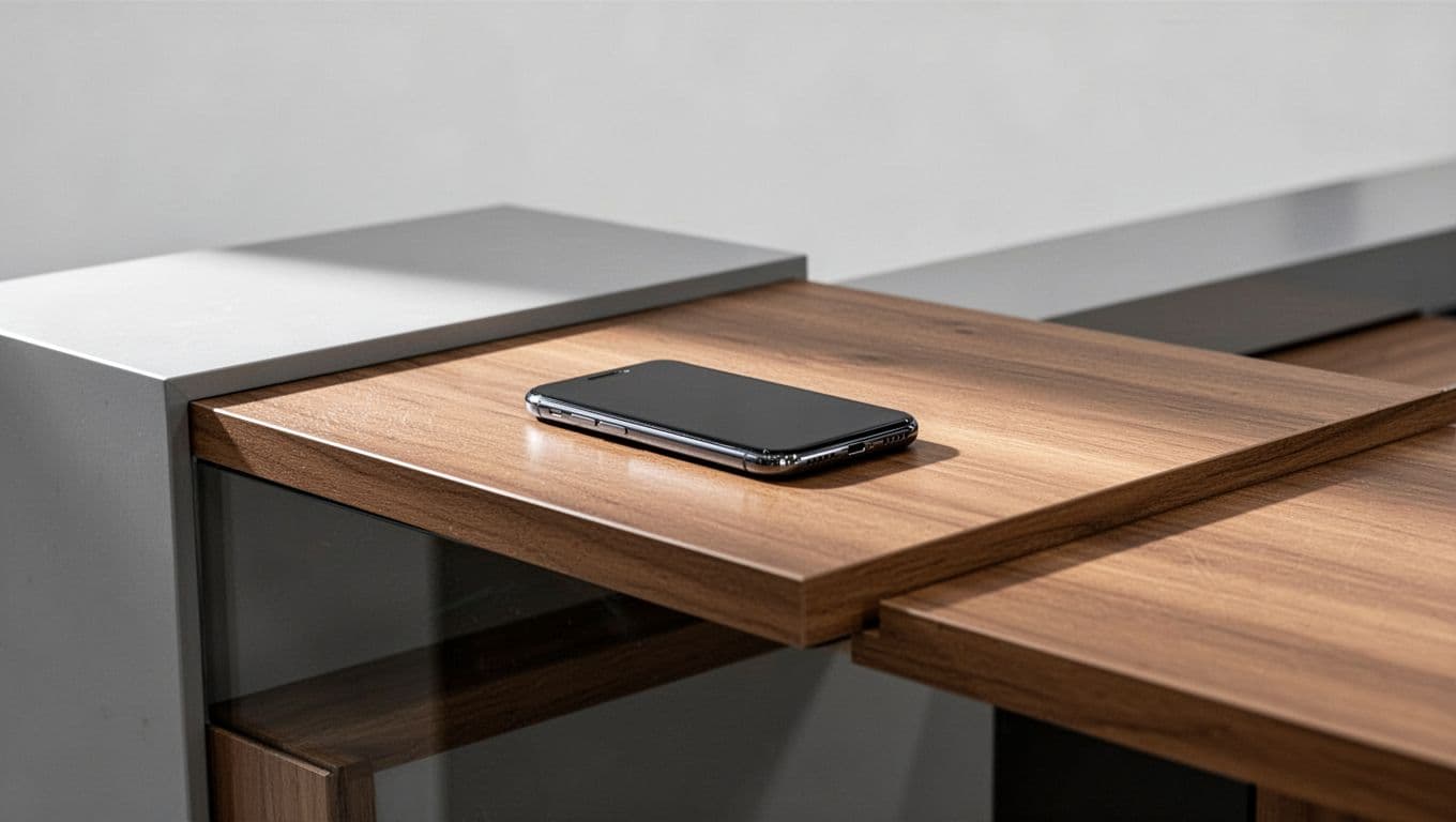 A smartphone on a wooden bank counter below a bold CASH PICKUP headline.