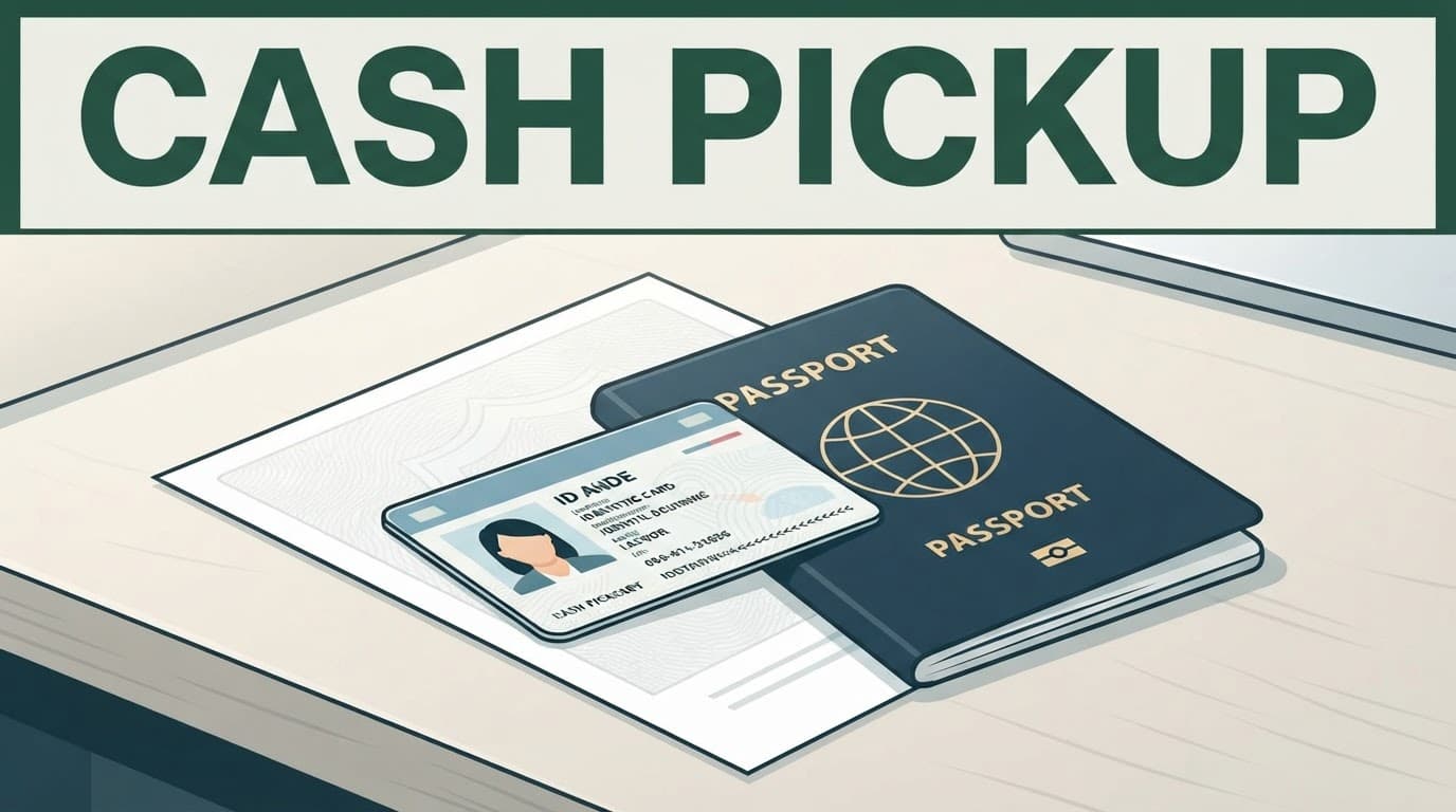 Identity documents arranged on a desk beneath a dark-green cash pickup banner.