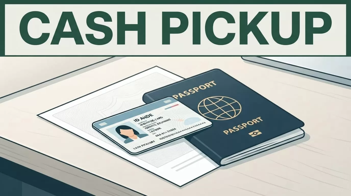 Identity documents arranged on a desk beneath a dark-green cash pickup banner.