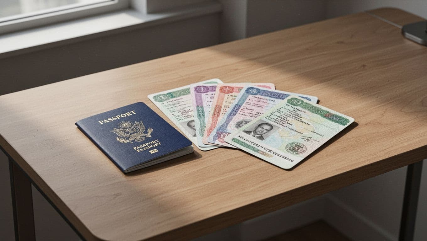Passport and identification documents arranged on a minimalist desk beneath a green Cash Pickup banner.