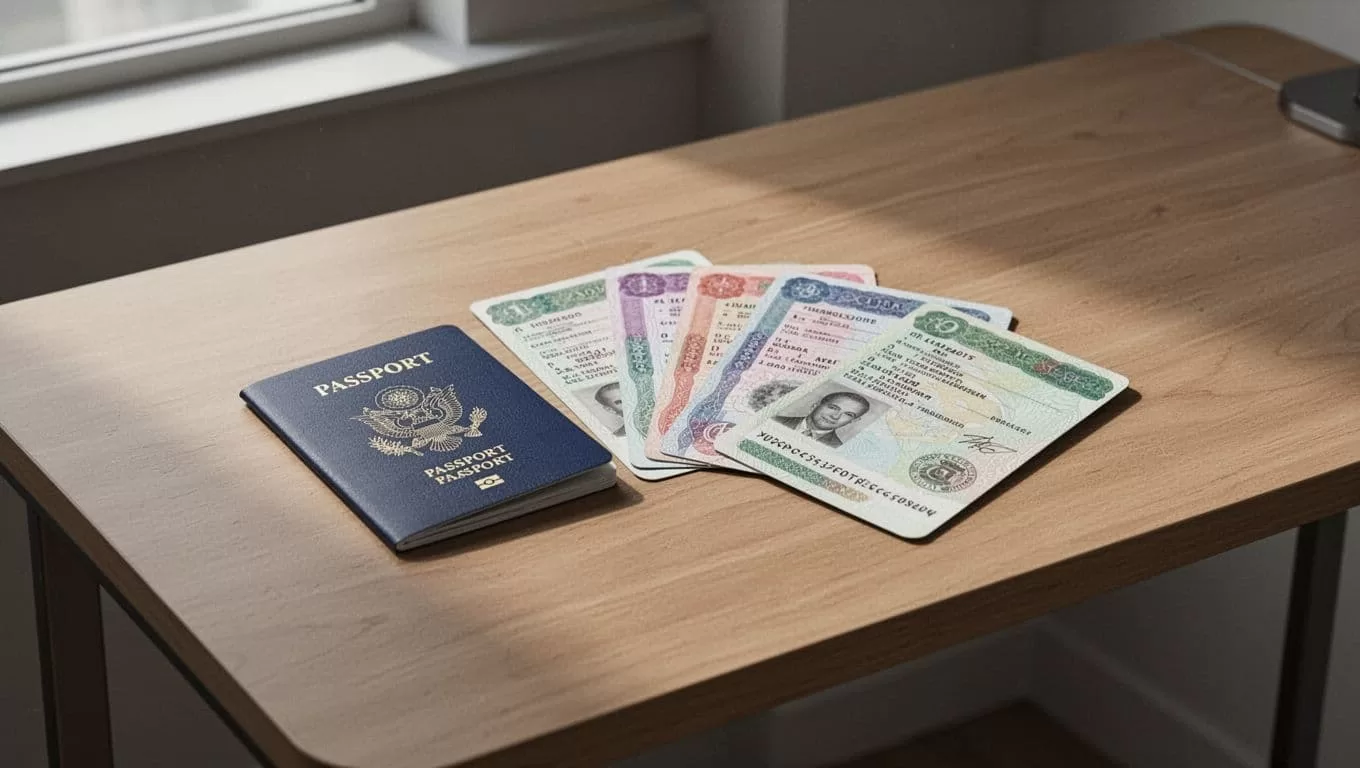 Passport and identification documents arranged on a minimalist desk beneath a green Cash Pickup banner.