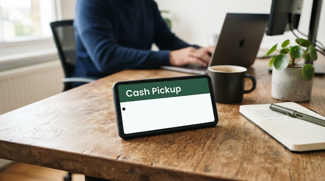 Smartphone displaying a cash pickup app on a wooden office desk.