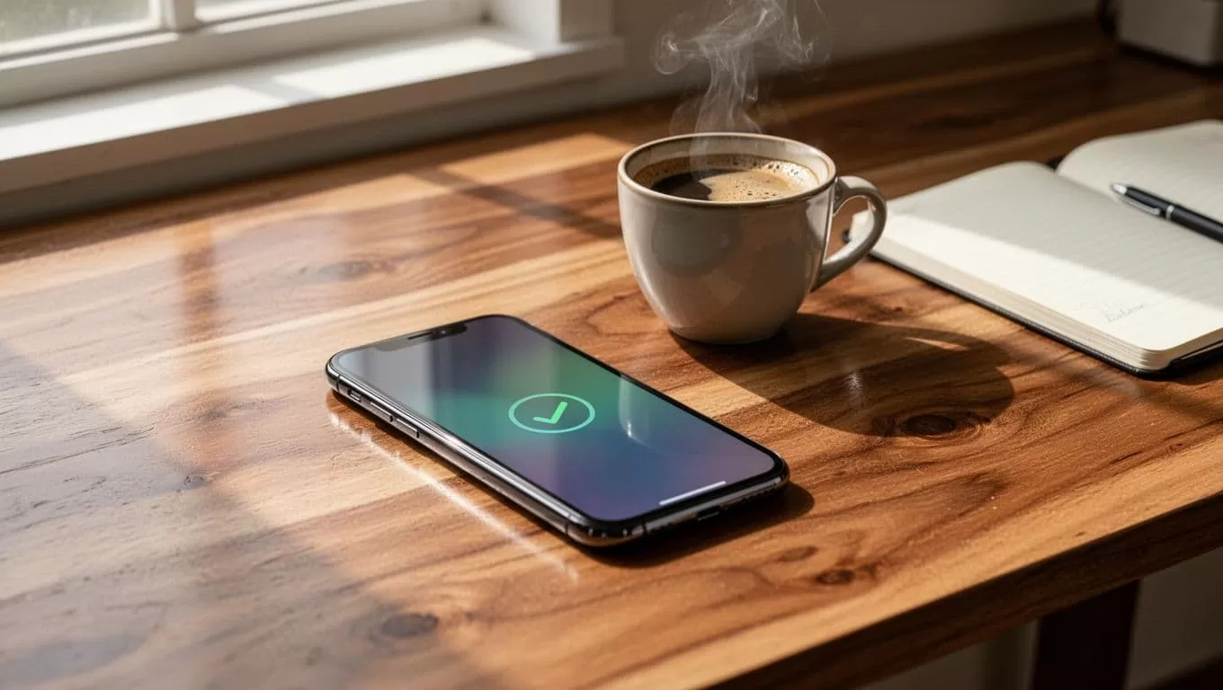Smartphone showing a remittance confirmation beside coffee and a notebook under a Cash Pickup banner.