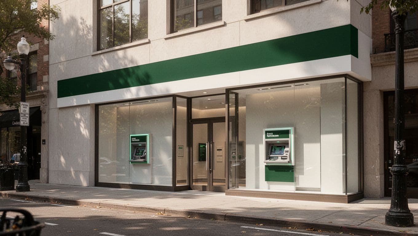 Modern financial storefront with a green band labeled Cash Pickup.