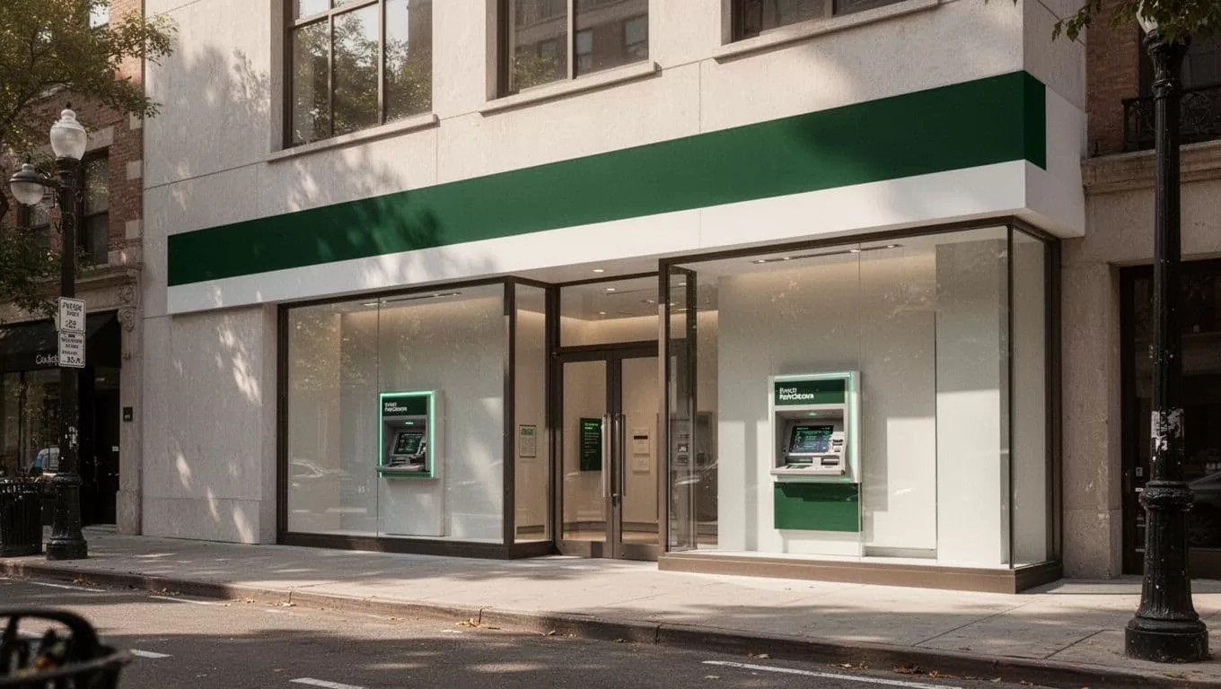 Modern financial storefront with a green band labeled Cash Pickup.