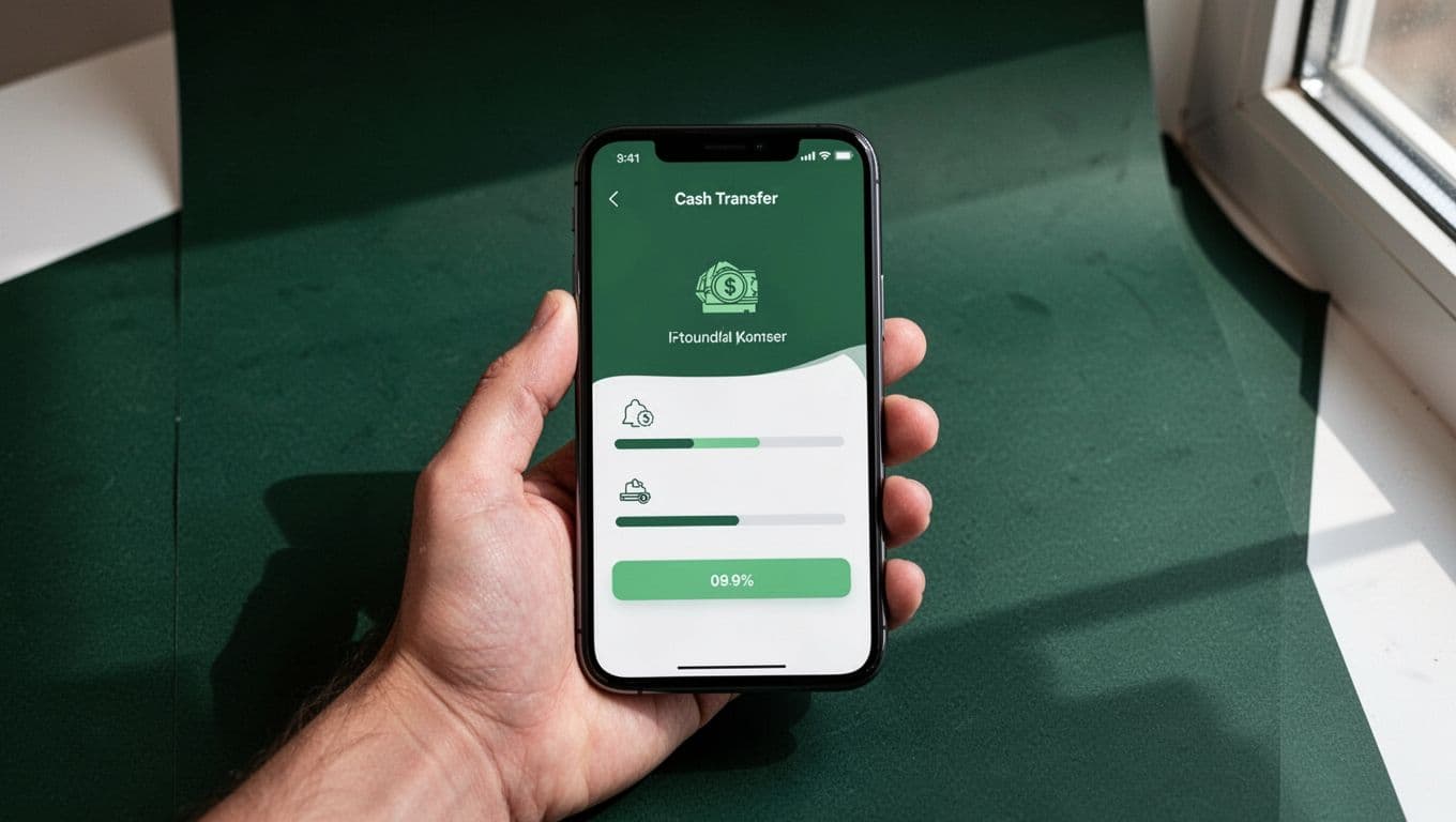 A smartphone transfer screen appears below a dark-green SEND SETUP headline.
