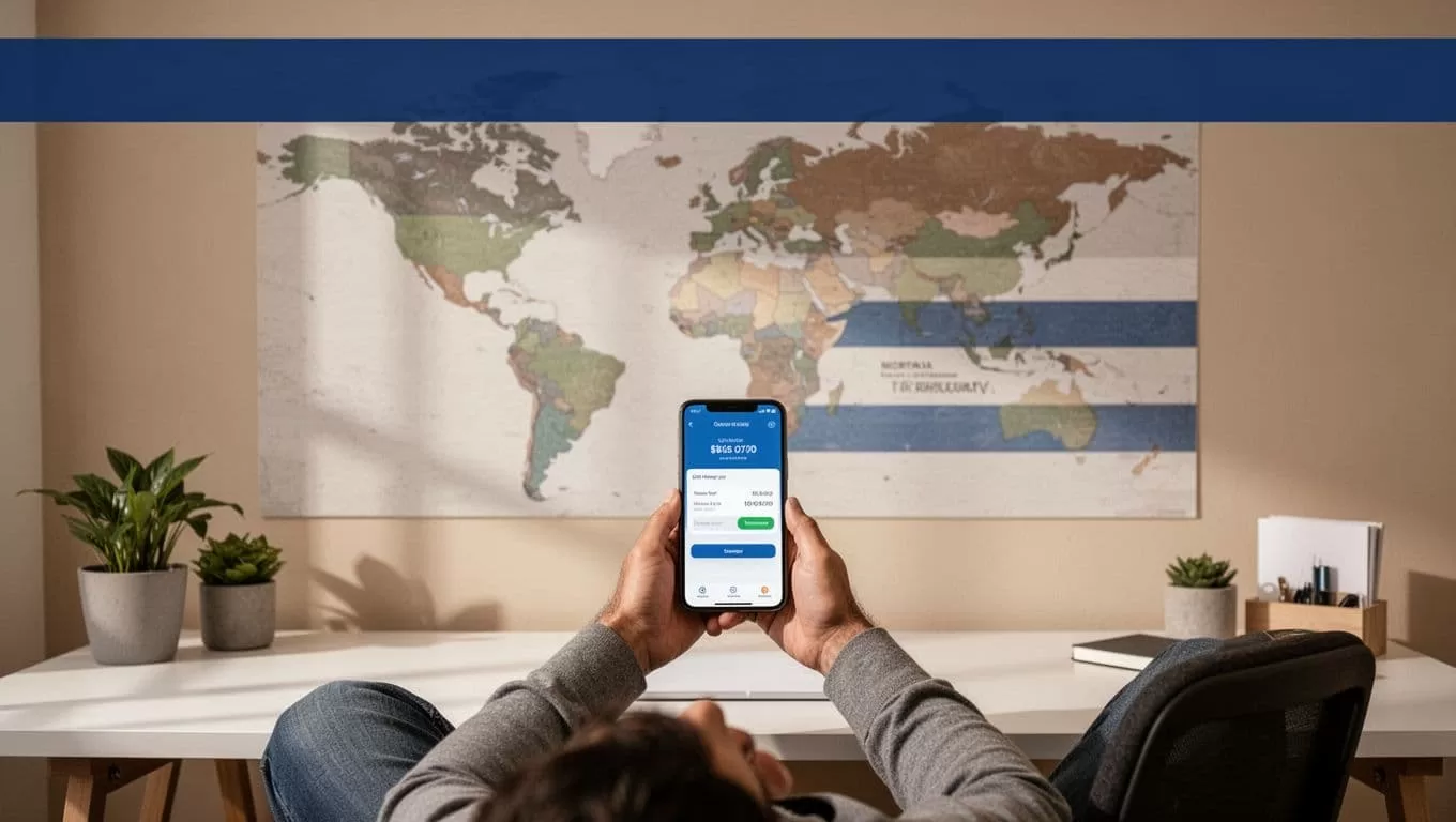 An adult checks a smartphone beside abstract map colors on a home office desk.