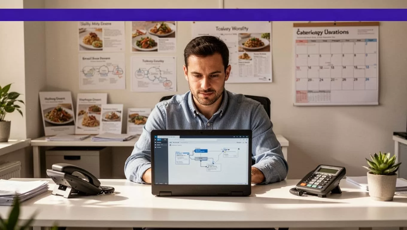 Catering manager reviews a workflow on a laptop beside a phone at an office desk.