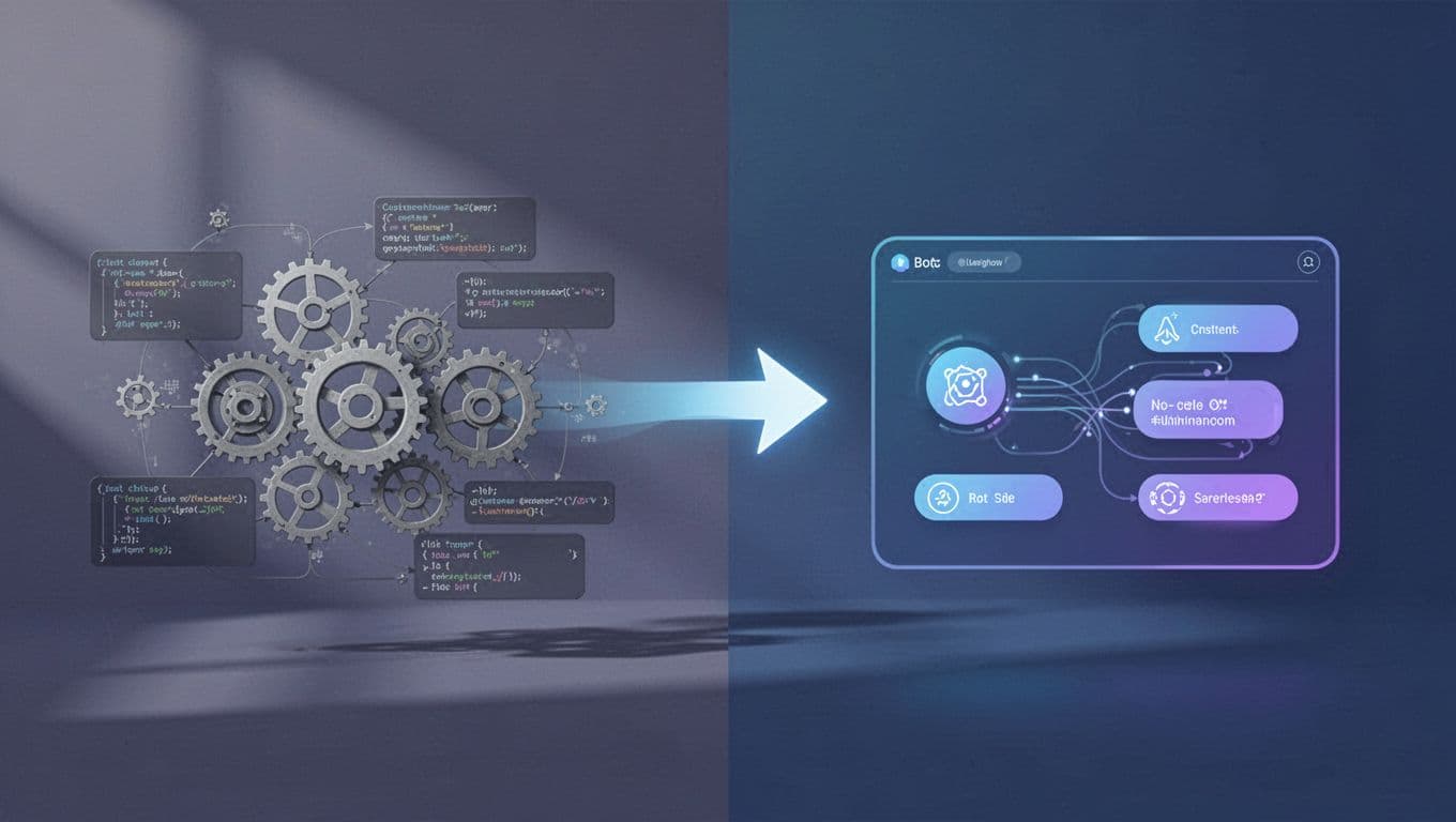 Connected chatbot steps move from a complex builder to a simple automation platform.