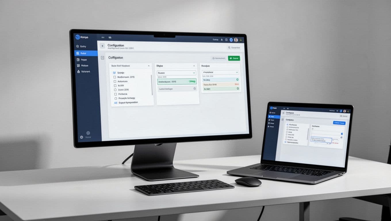 Monitor showing a check-in dashboard beside one laptop on an office desk.