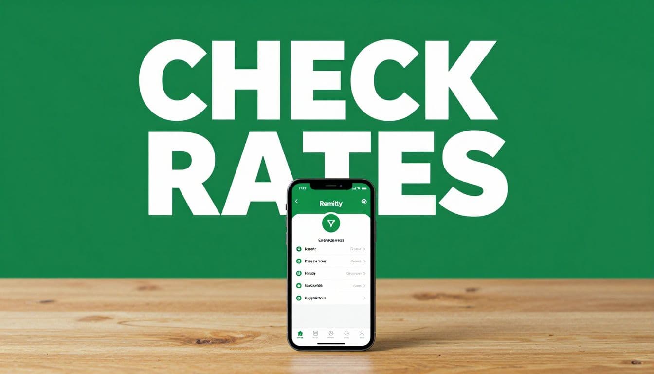 A smartphone displays a money transfer app beneath a dark-green CHECK RATES banner.
