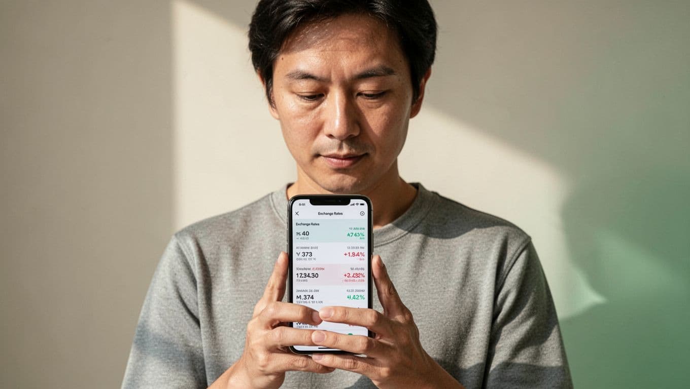 Person checking remittance exchange rates on a smartphone.