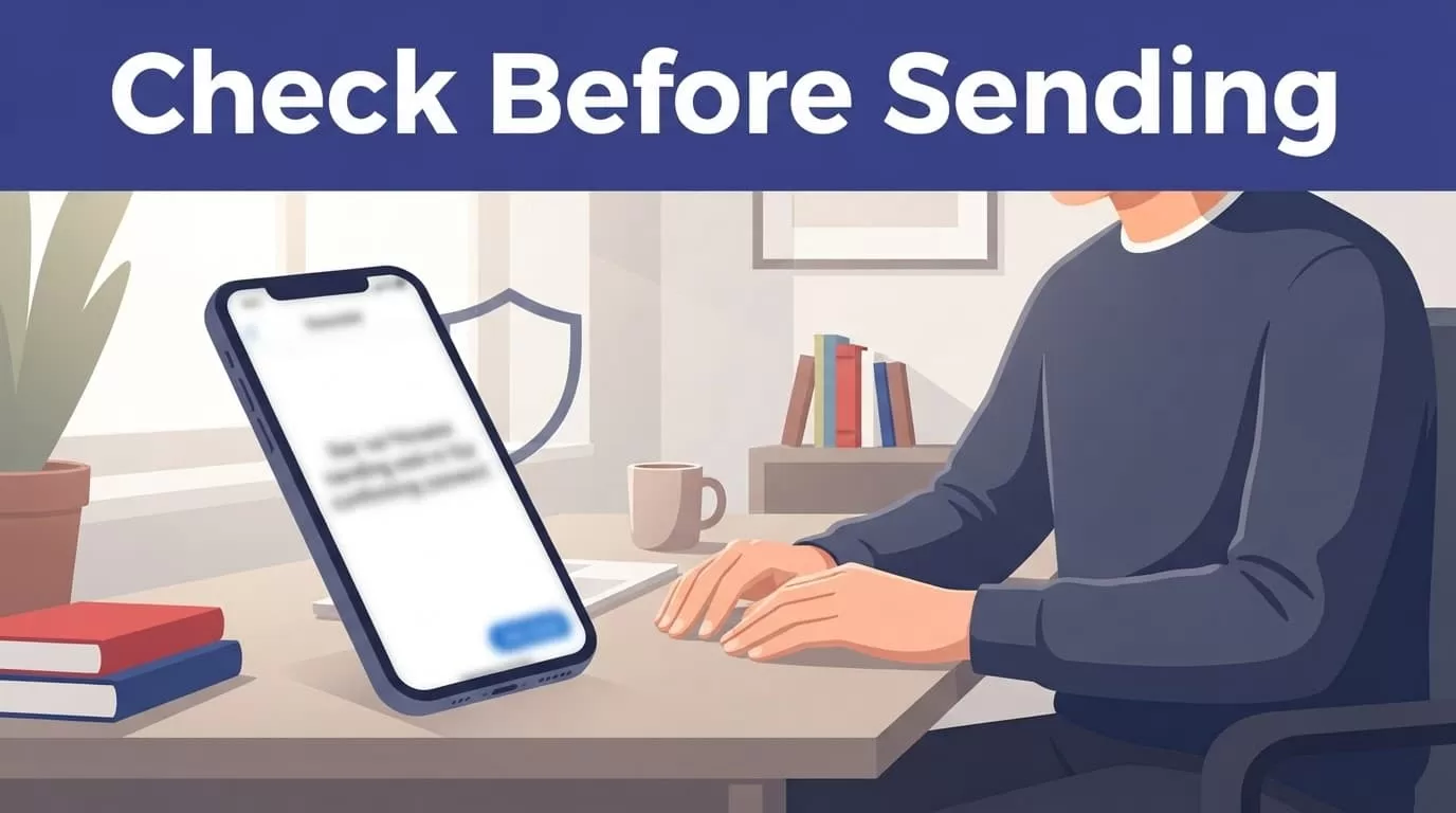 An adult checks a smartphone beside a shield accent before sending money.