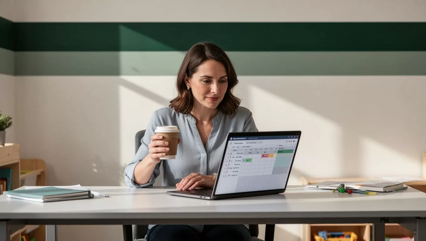 Childcare director reviews digital logs at a desk with coffee beneath a green Daily Updates banner.