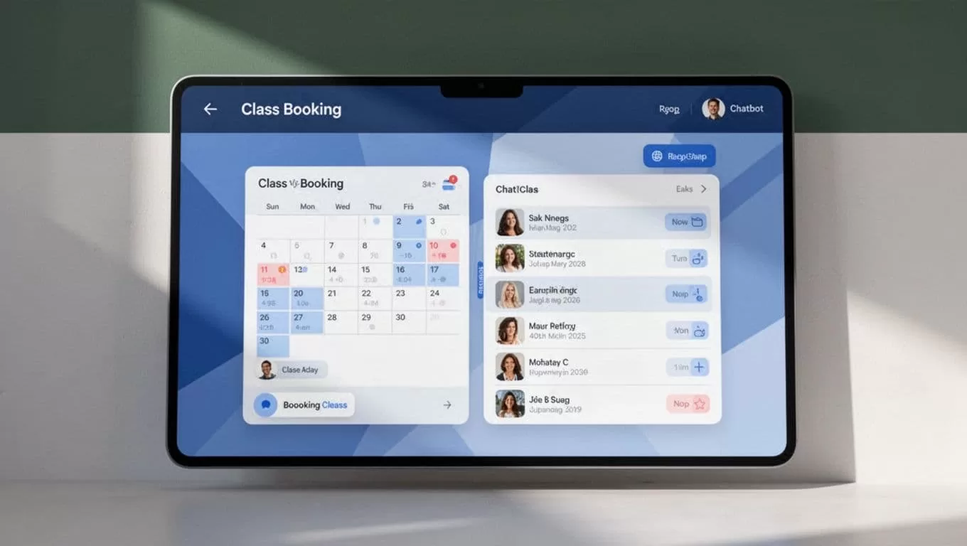 Blue booking dashboard linking a chatbot, calendar, and class schedule.