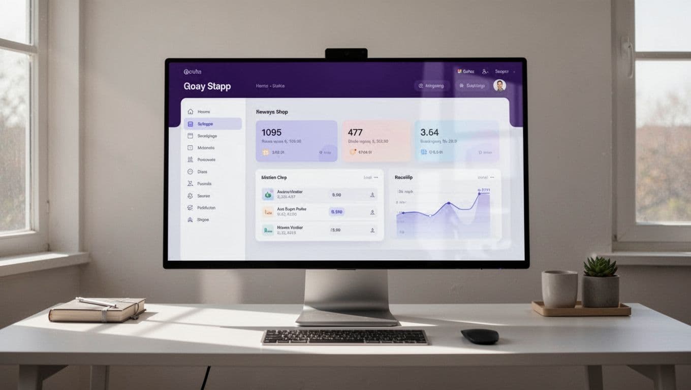 Monitor showing client branding settings on a minimalist desk.
