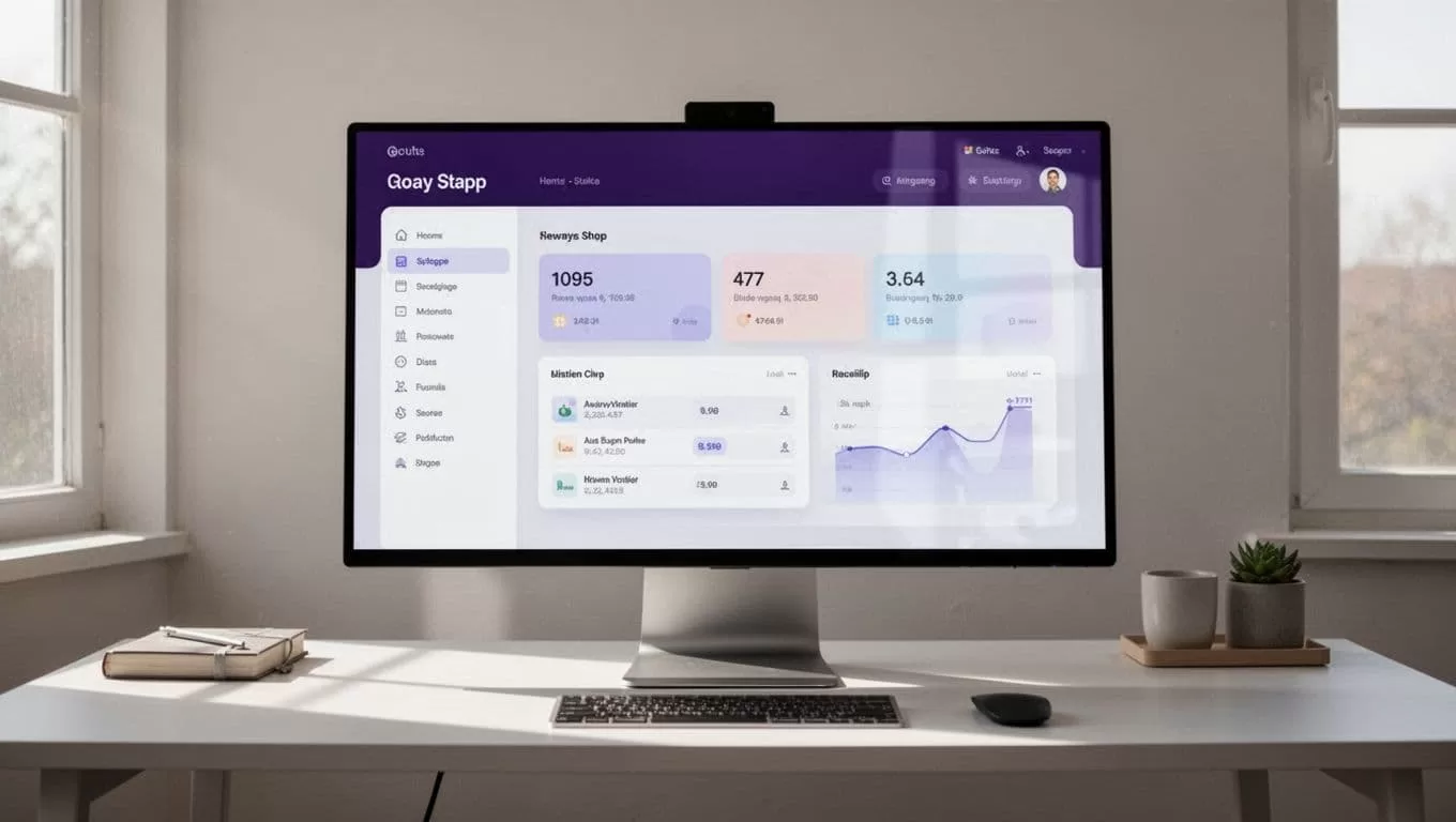 Monitor showing client branding settings on a minimalist desk.