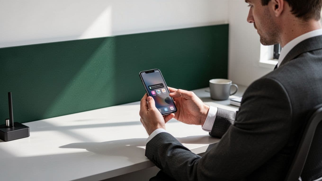 A smartphone showing automated alerts on a modern office desk beneath a green Workflows banner.