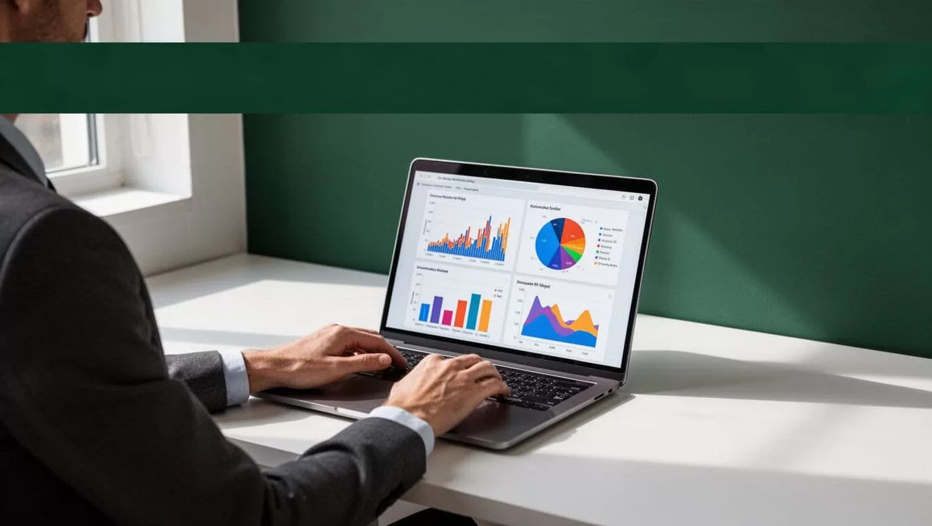 A person viewing data charts on a laptop beneath a dark-green Client Metrics banner.
