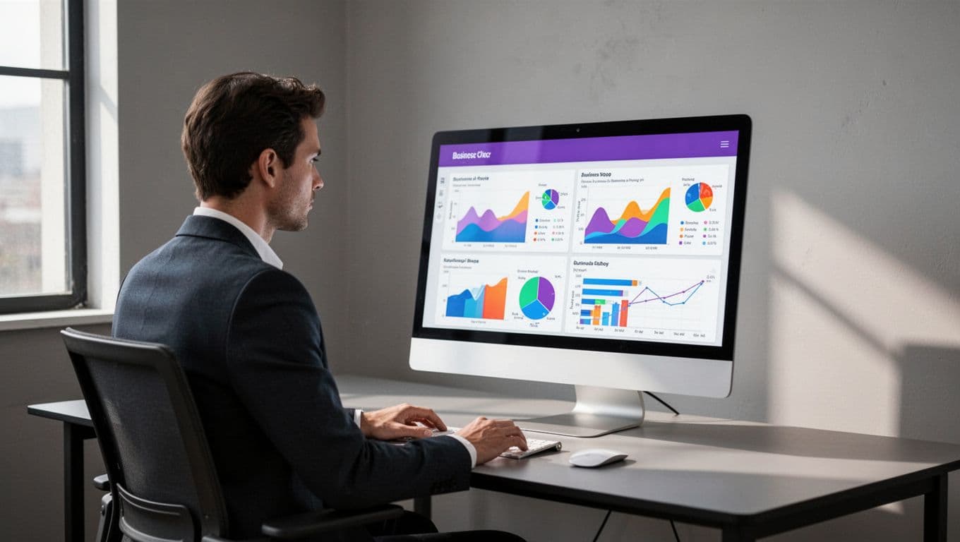 One person reviews business charts on a computer under a Client Portal banner.