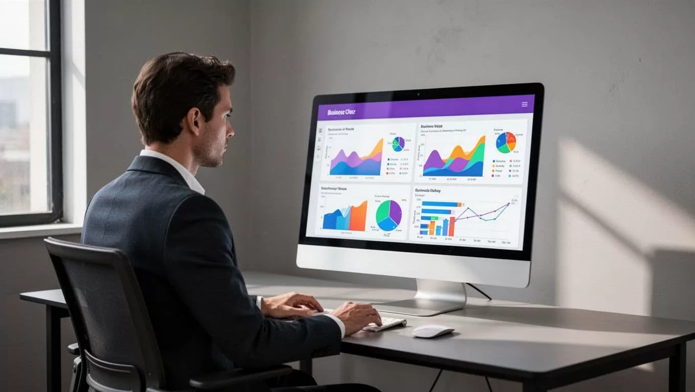 One person reviews business charts on a computer under a Client Portal banner.