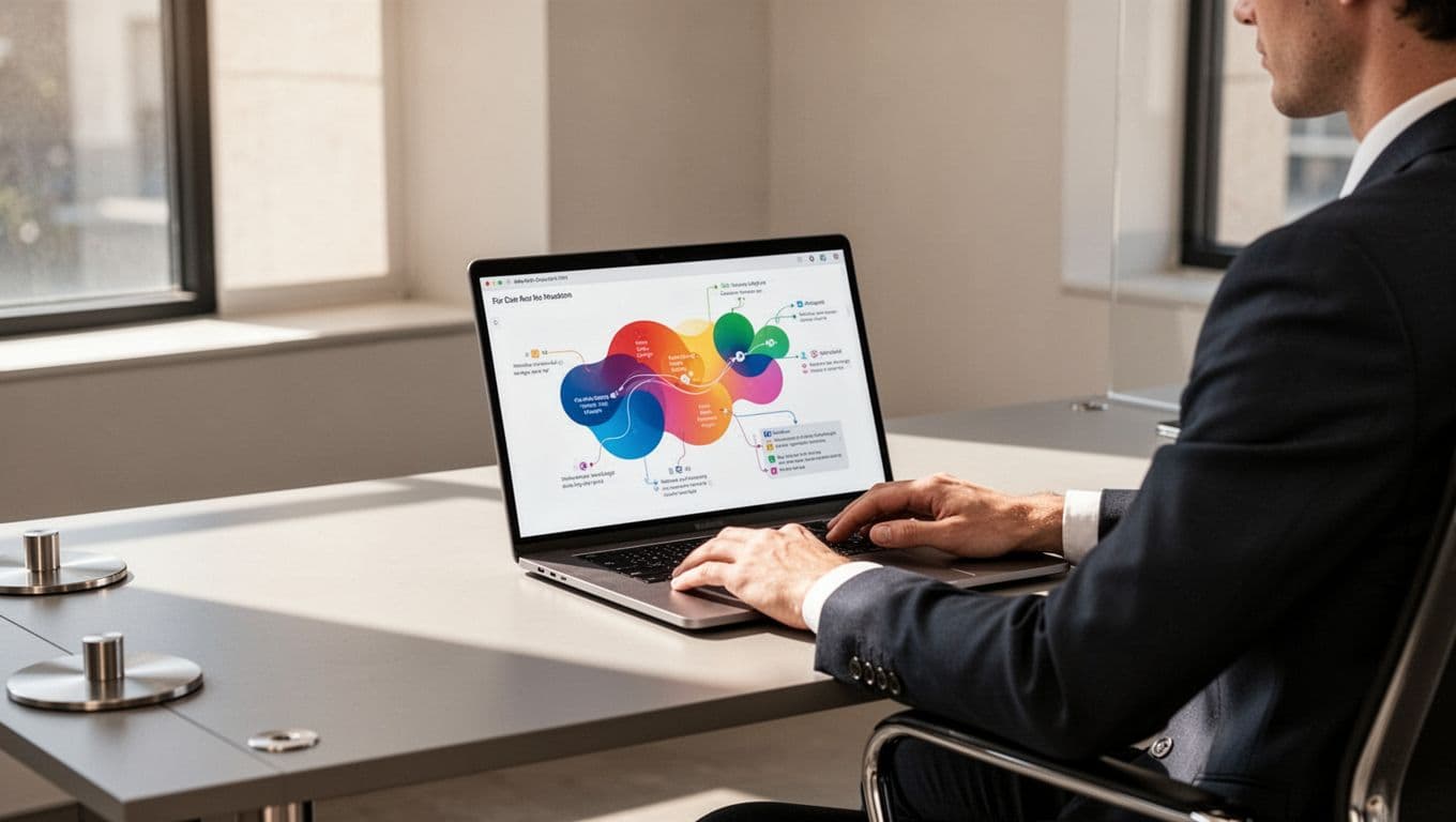 A person views a workflow chart on a laptop beneath an indigo headline band.