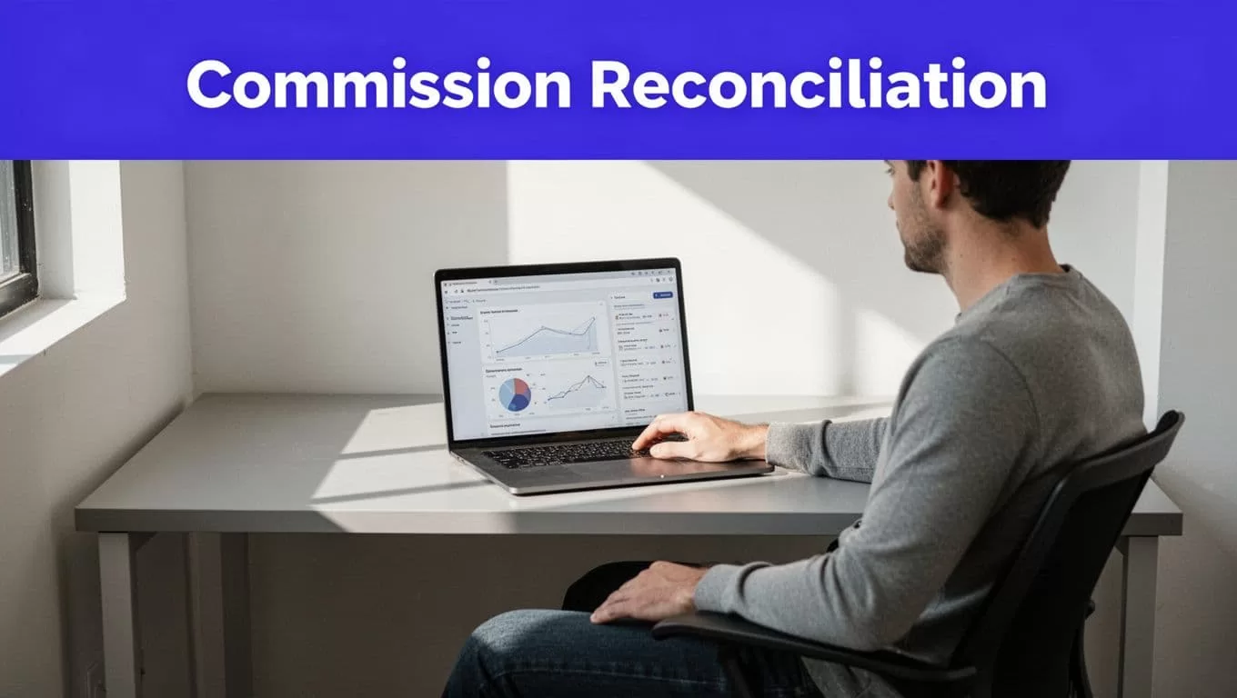 A manager reviews commission charts and event records on a laptop at a compact desk.
