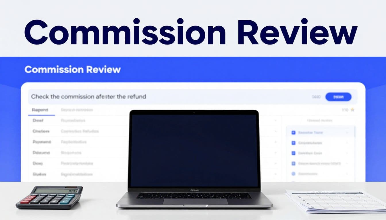 Laptop showing a commission review beside a calculator and paper checklist.