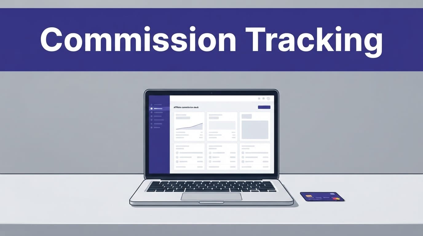 Open laptop with an abstract commission dashboard and payment card on a gray desk.
