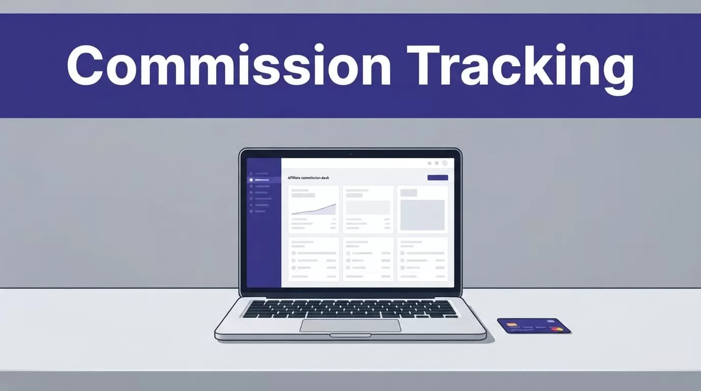 Open laptop with an abstract commission dashboard and payment card on a gray desk.
