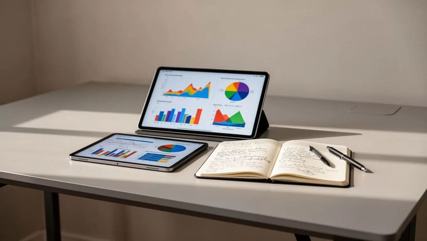 A tablet with charts sits beside a notebook and pen below a COMMUNITY OPS banner.