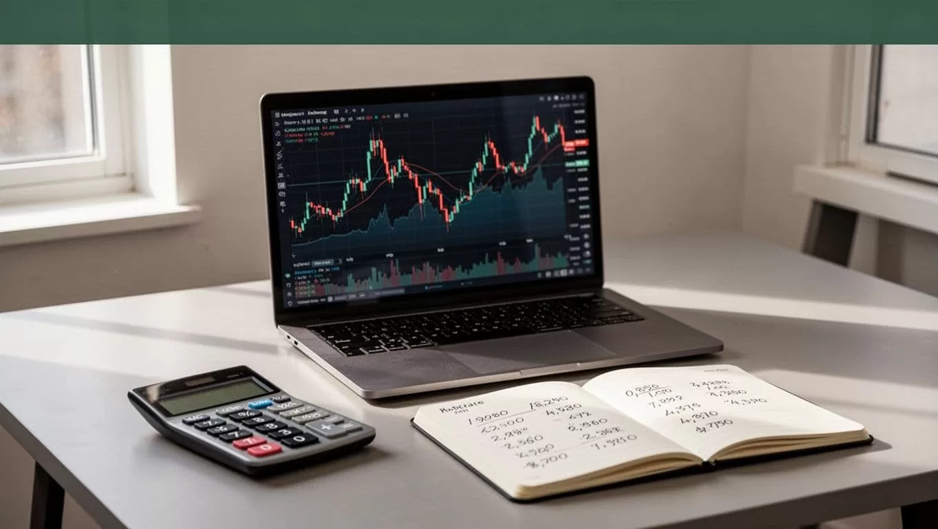 A calculator, notebook, and laptop showing exchange rates on a desk.