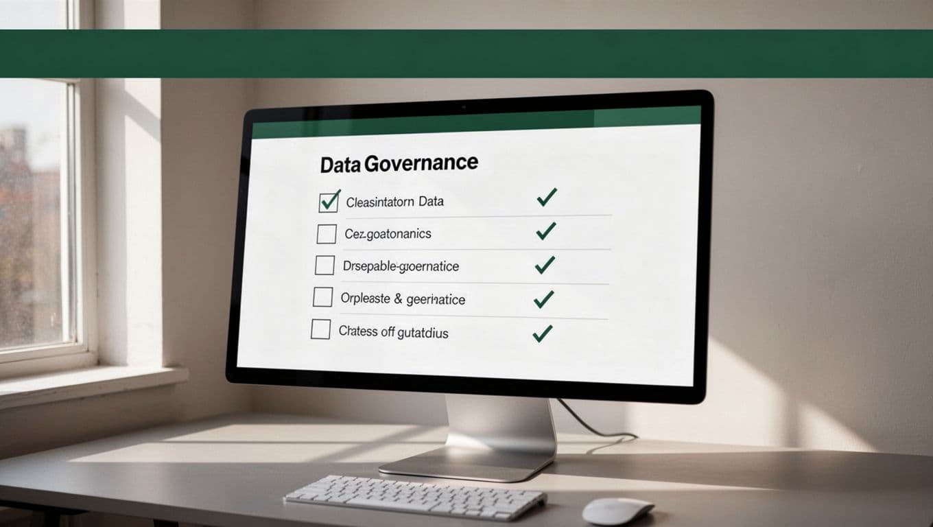 A screen shows a data governance checklist below a dark-green banner.