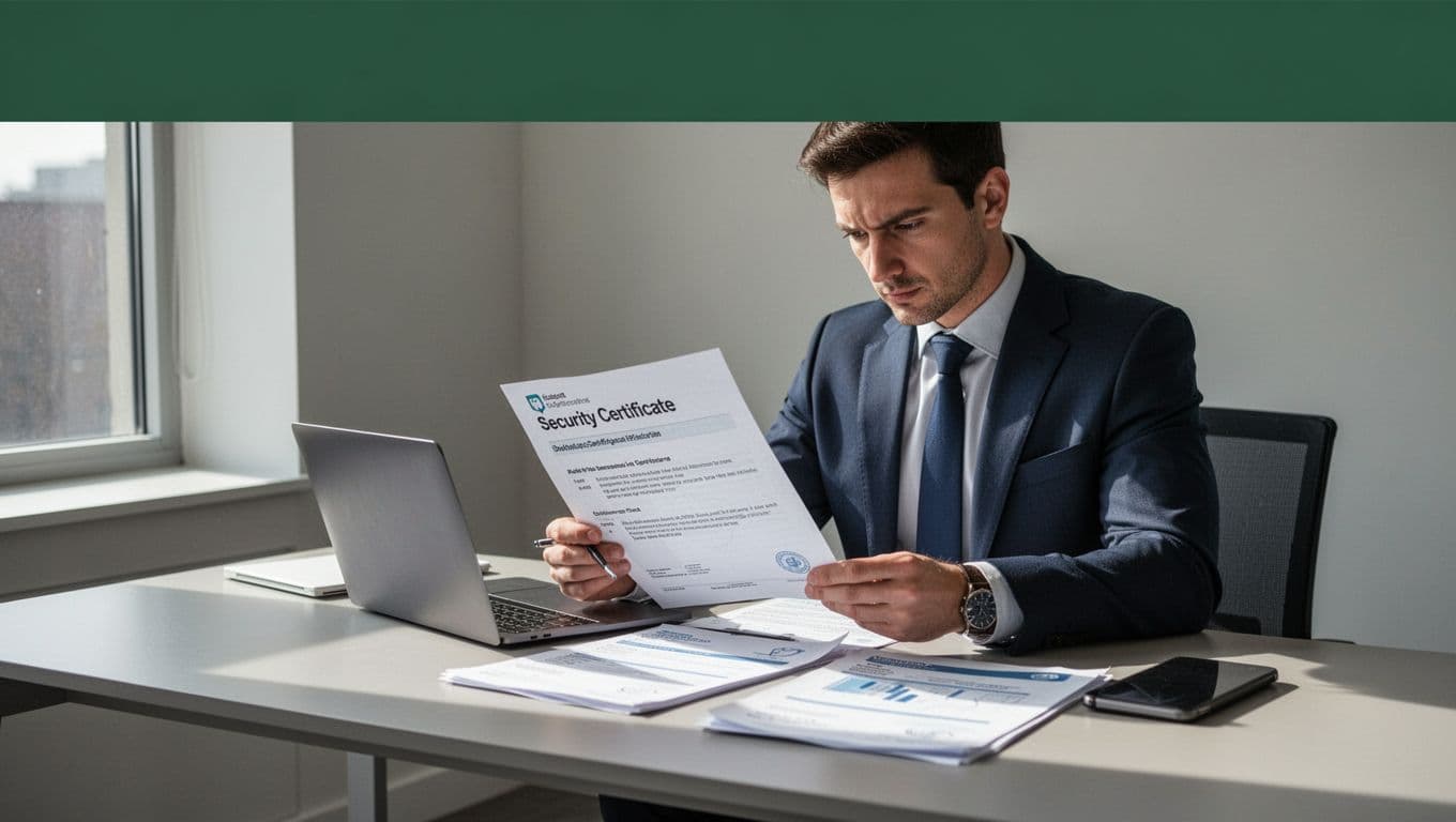 One person reviews security certificates and audit documents under a dark-green Risk Tracking banner.