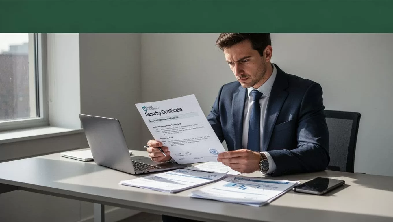 One person reviews security certificates and audit documents under a dark-green Risk Tracking banner.