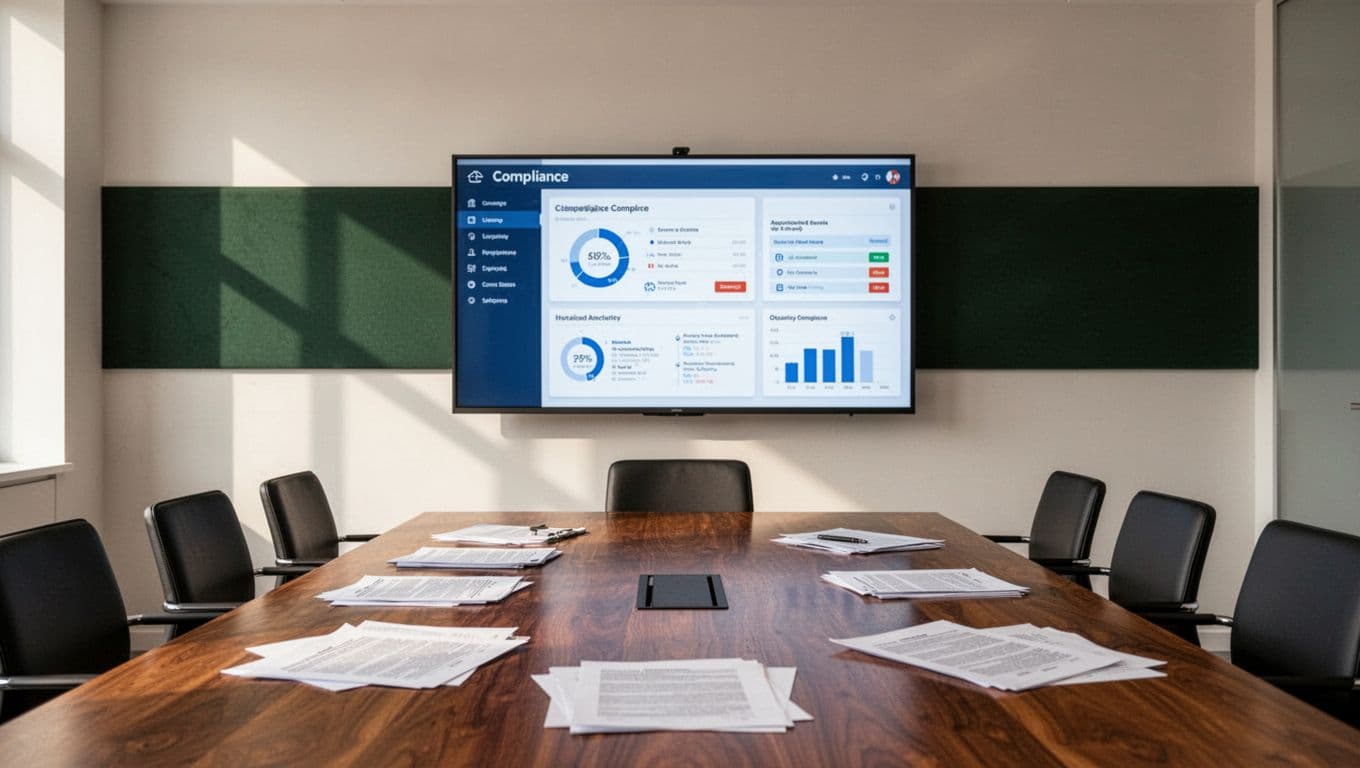 Legal documents sit beneath a compliance tracking screen in a modern conference room.