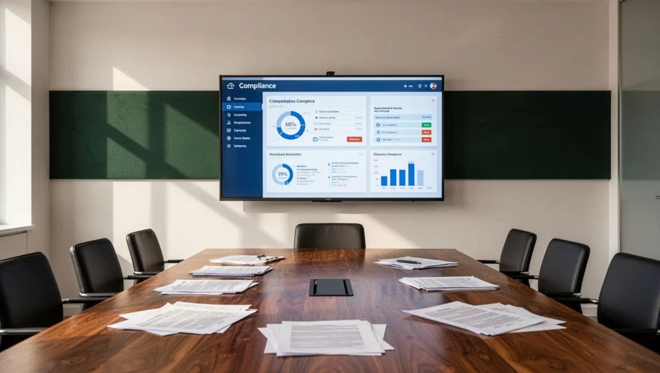 Legal documents sit beneath a compliance tracking screen in a modern conference room.
