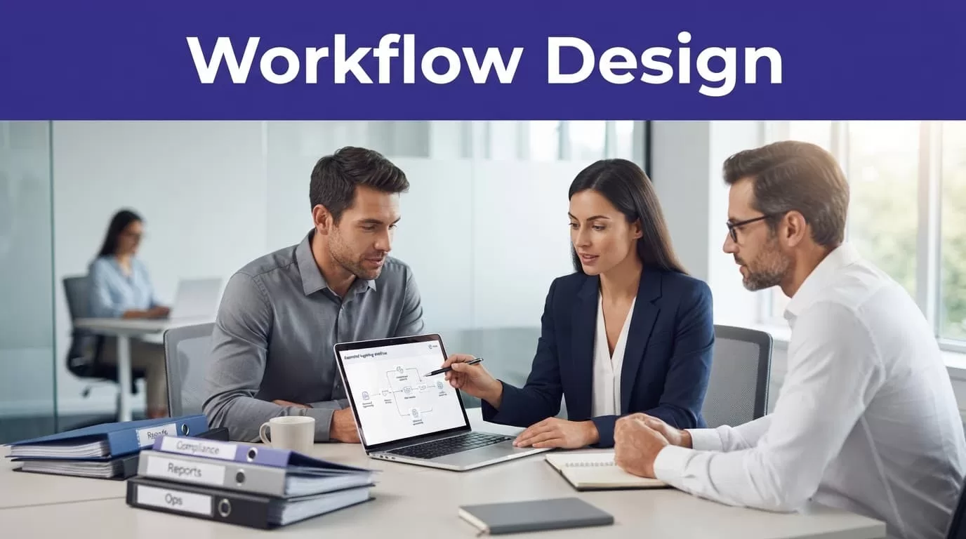 Three professionals review a laptop and folders beside a secure data workflow graphic.