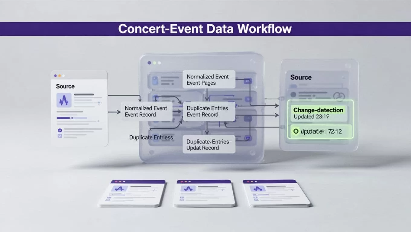 Record cards connect source pages, merge duplicates, and flag a changed event date beneath an indigo header.