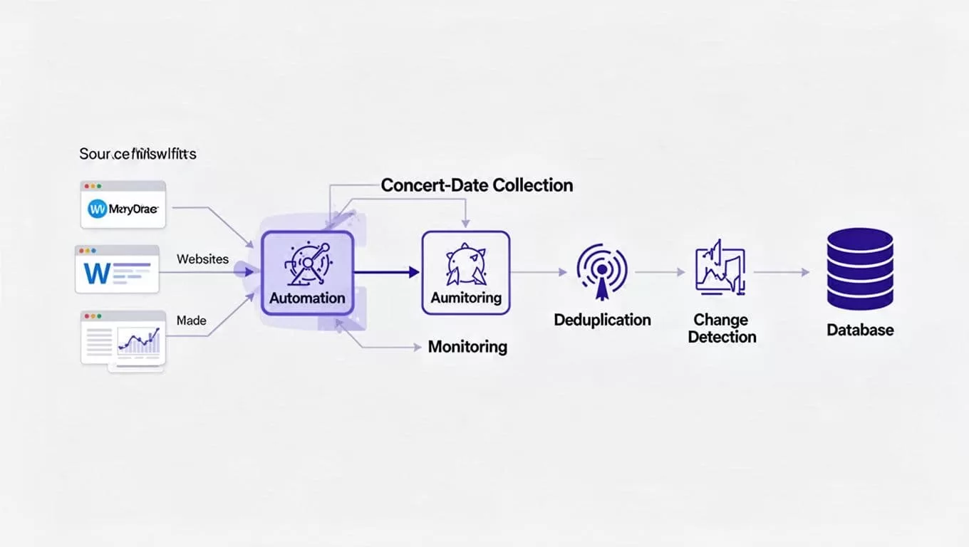 A workflow moves concert data from event websites into a maintained database.
