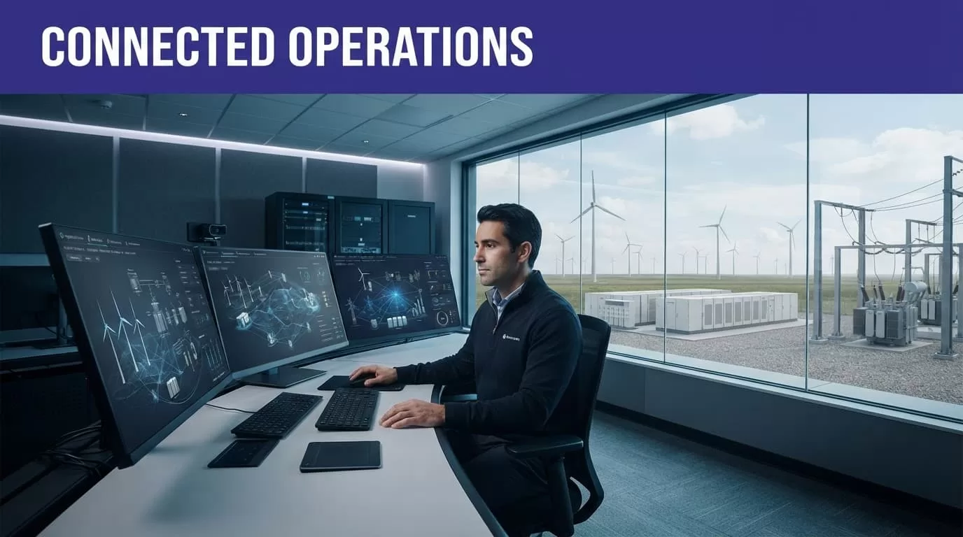 An operator monitors wind, battery, and grid assets from a modern control room.
