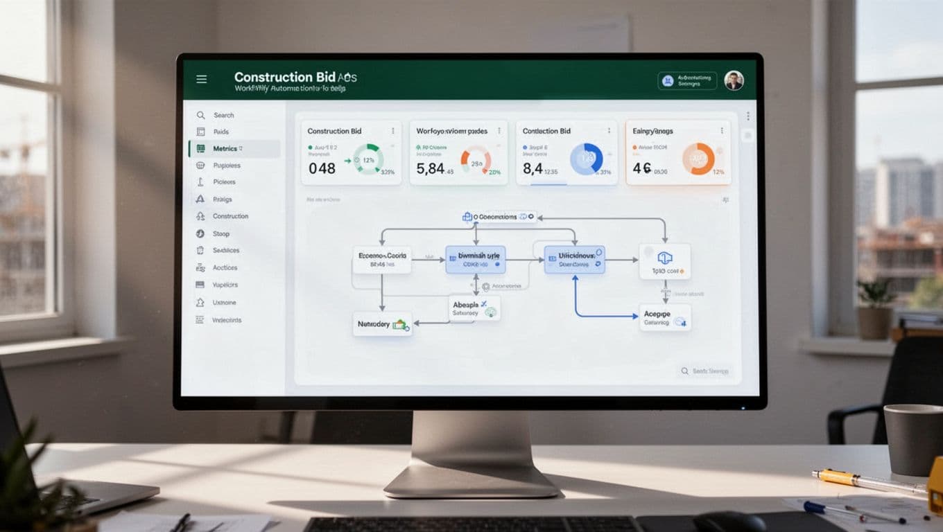 Computer screen showing construction bid metrics and automated workflow pipelines.