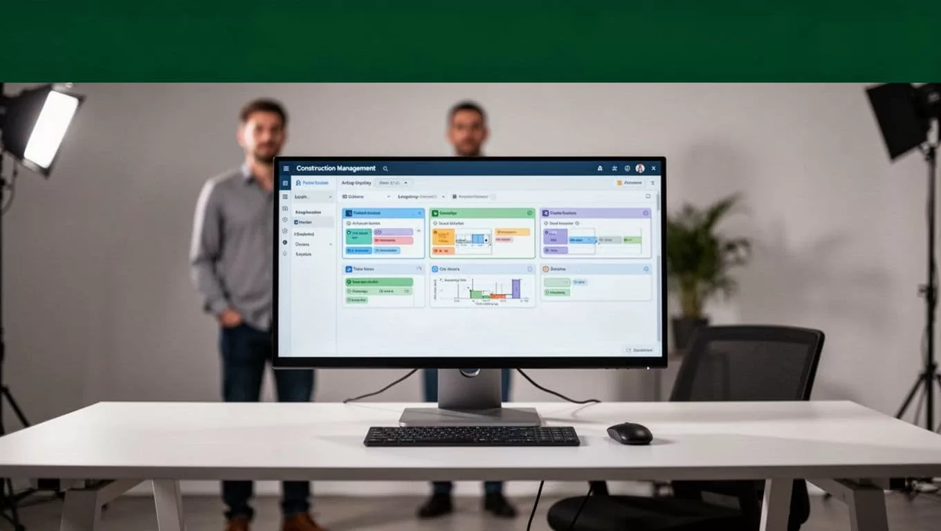Construction management dashboard beneath a dark-green automation headline with one blurred person behind it.