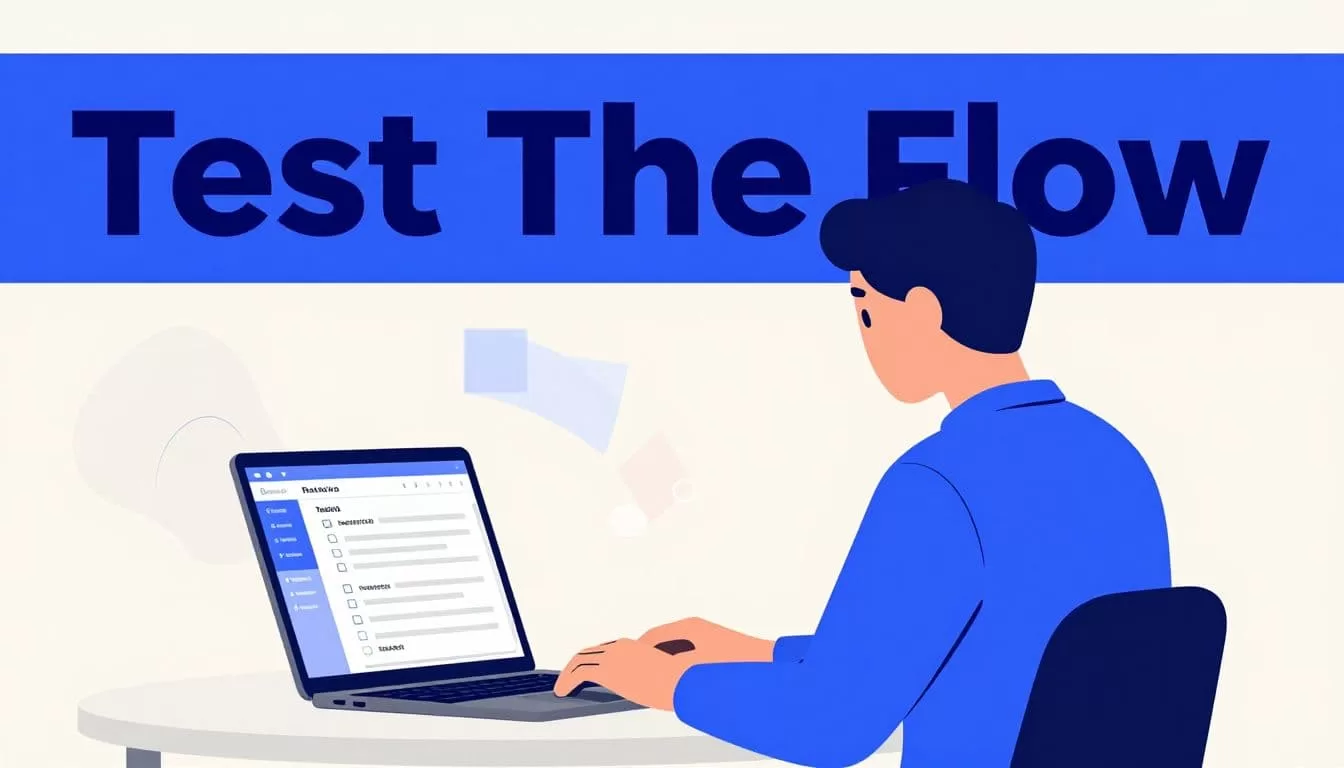 One manager checks a coupon testing checklist beside a laptop at an indigo-accented desk.