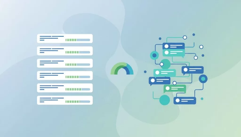 Modern illustration in clean shapes and green-blue palette showing split screen: organized course lessons with progress bars on left, lively community forum with posts on right, connected by bridge icon symbolizing integration.