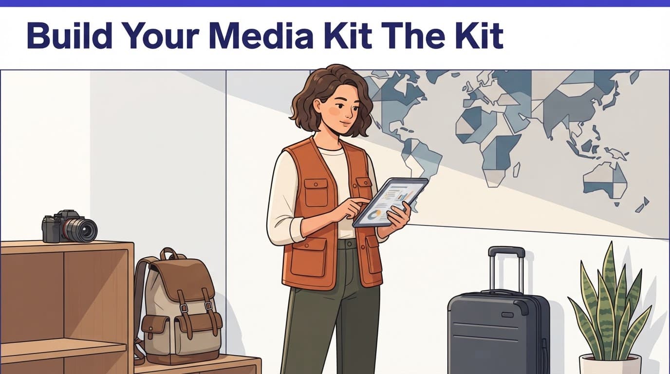A travel creator reviews notes on a tablet beside a camera, backpack, luggage, and plant.