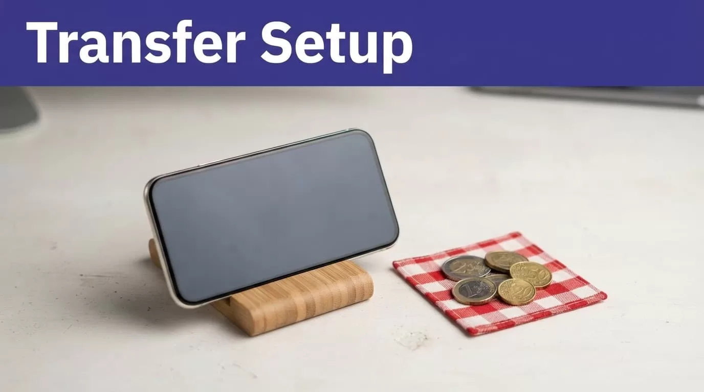 Smartphone with euro coins and a Croatian checkerboard accent on a clean blue-and-white workspace.